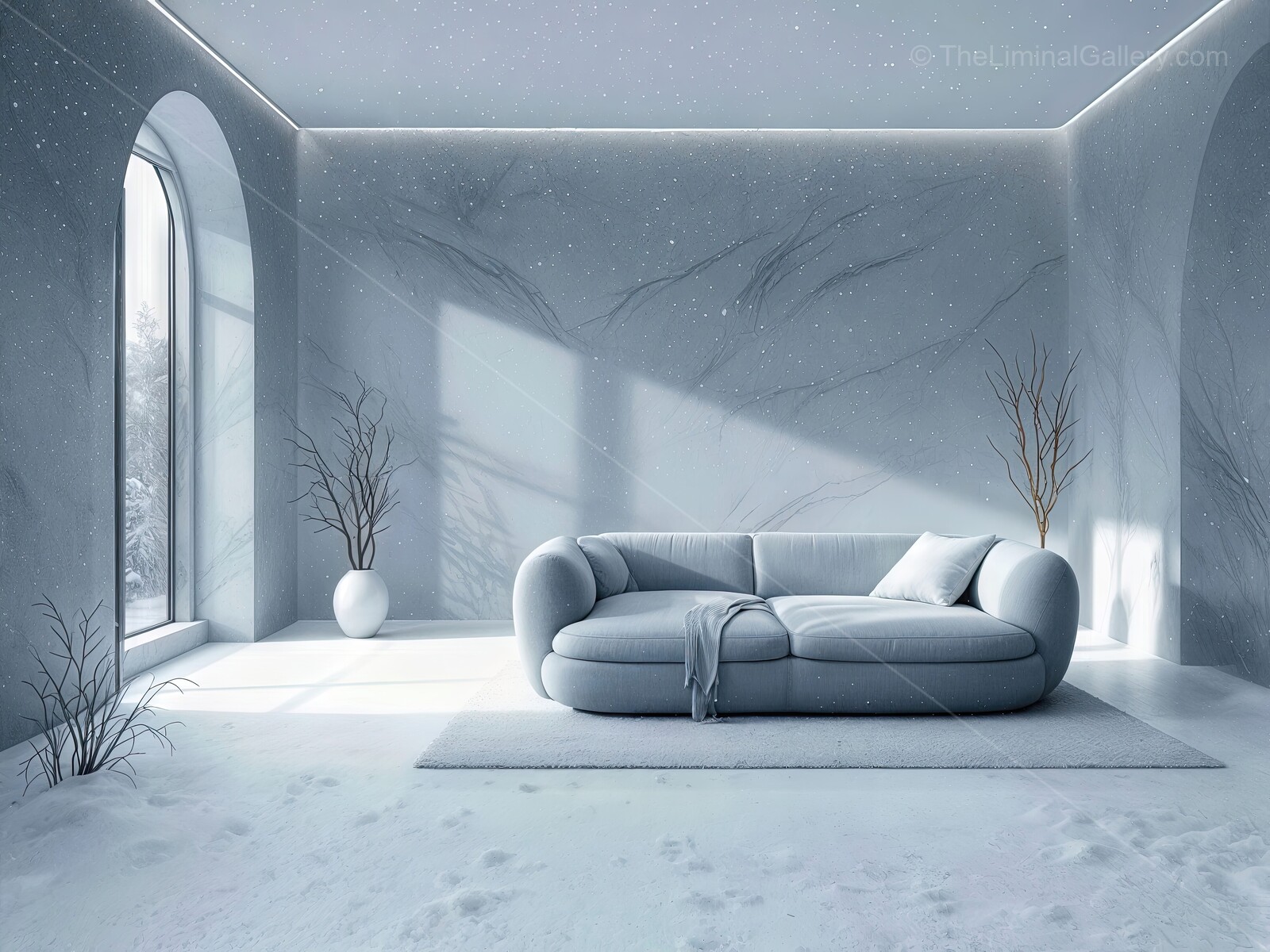 Liminal winter minimalist lounge dusted with delicate snowflakes embodies cozy season serenity, blending clean design with tranquil warmth to welcome restful moments