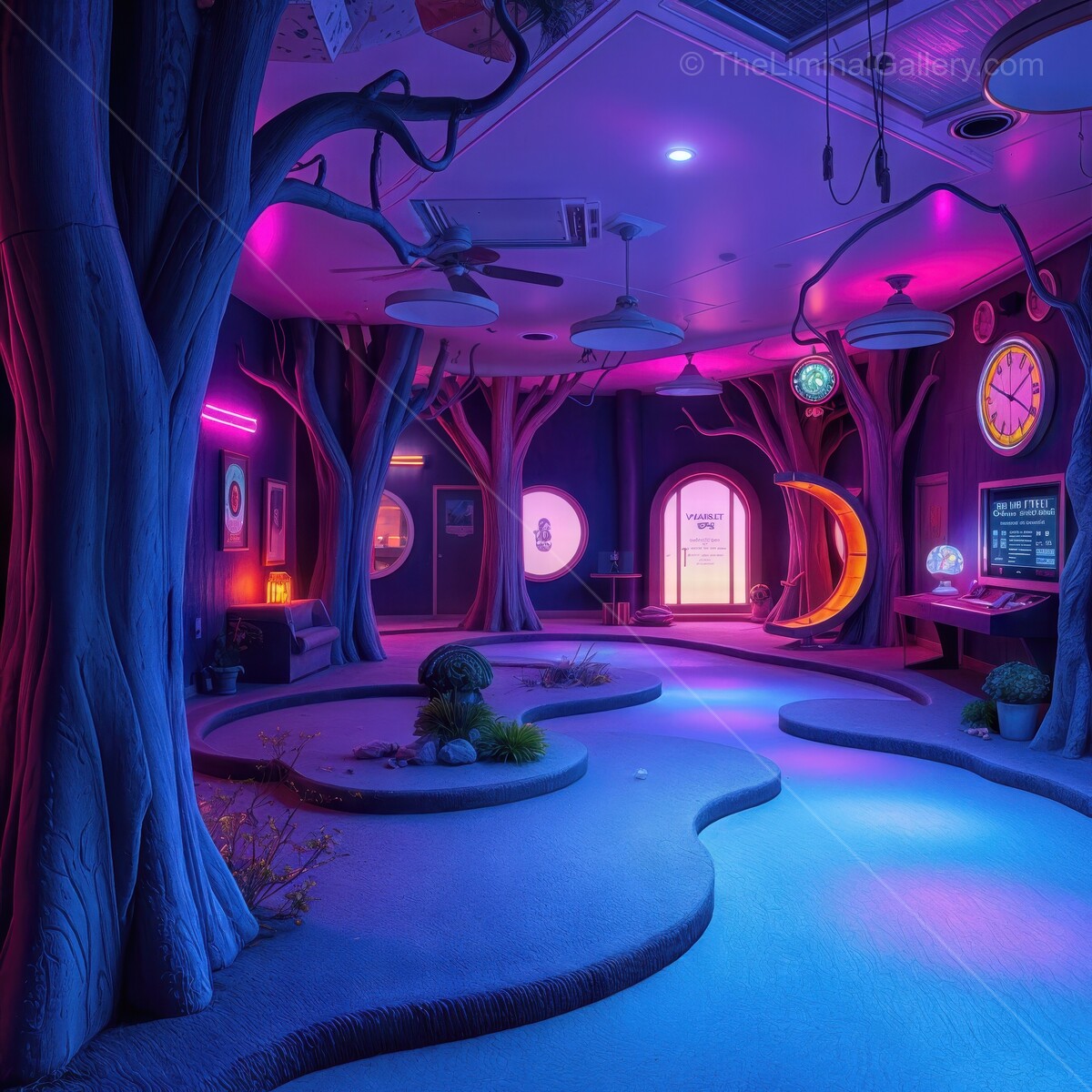 Wonderland-inspired interior with vibrant lighting and whimsical tree structures creating an enchanting atmosphere