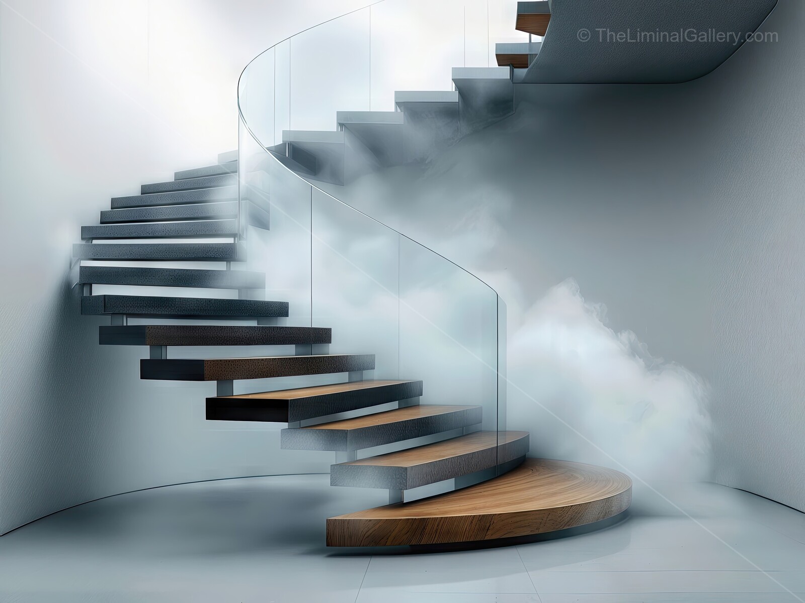 Liminal wooden spiral staircase emerges from ethereal mist, graceful timber curves inviting exploration and sparking wonder in this enchanting atmospheric setting