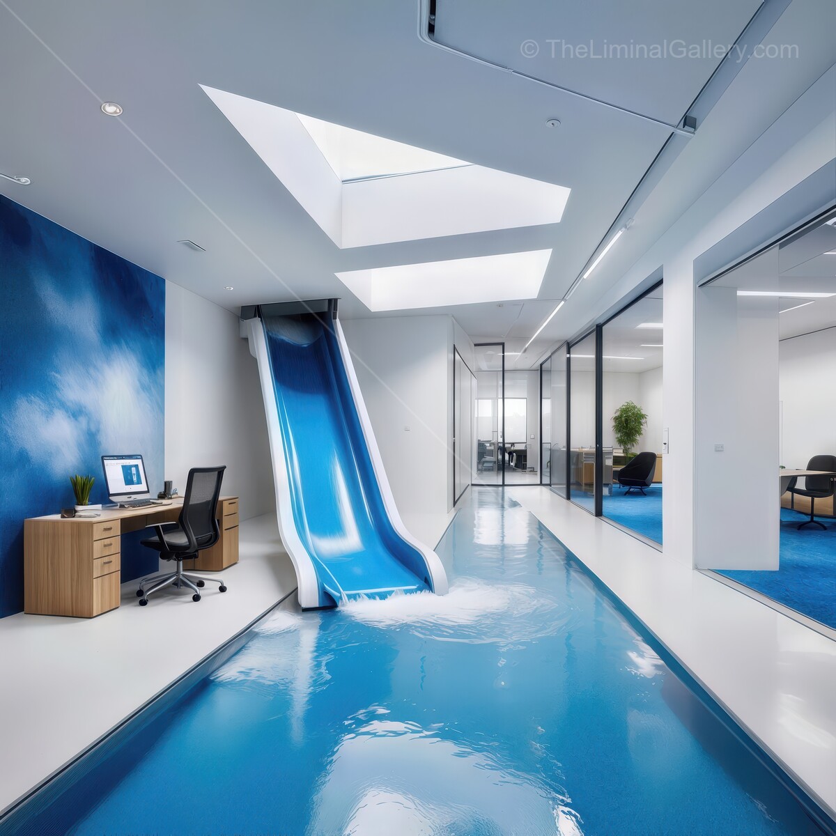 Creative workspace features a unique water slide and a vibrant atmosphere that inspires innovative thoughts and collaboration