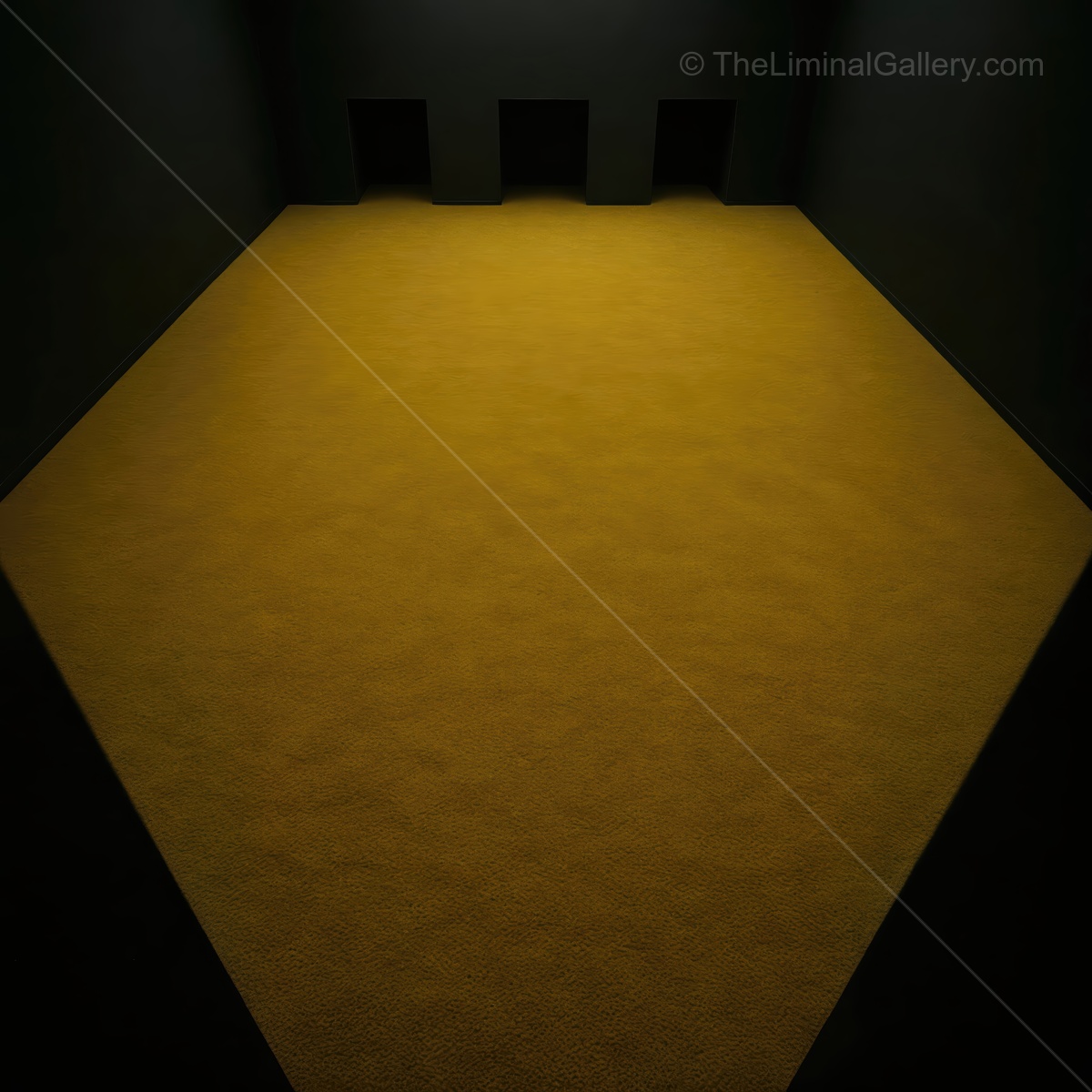 Bright yellow carpet contrasts with the dark walls in an eerie liminal space