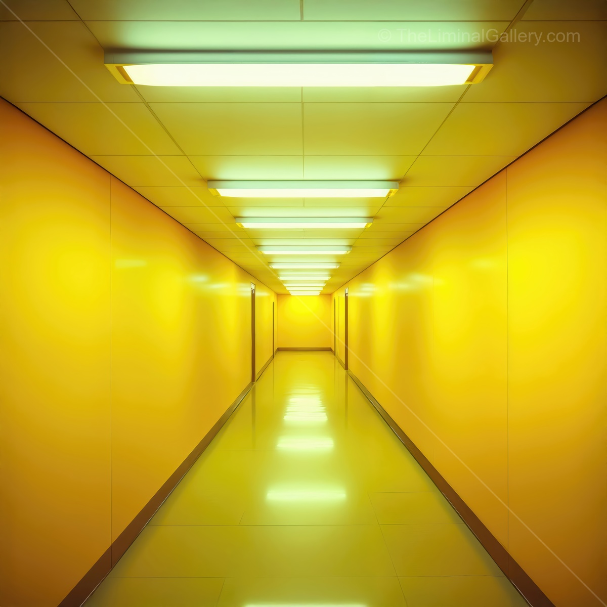 Bright yellow corridor invites exploration in a surreal liminal space filled with glowing lights and smooth reflections