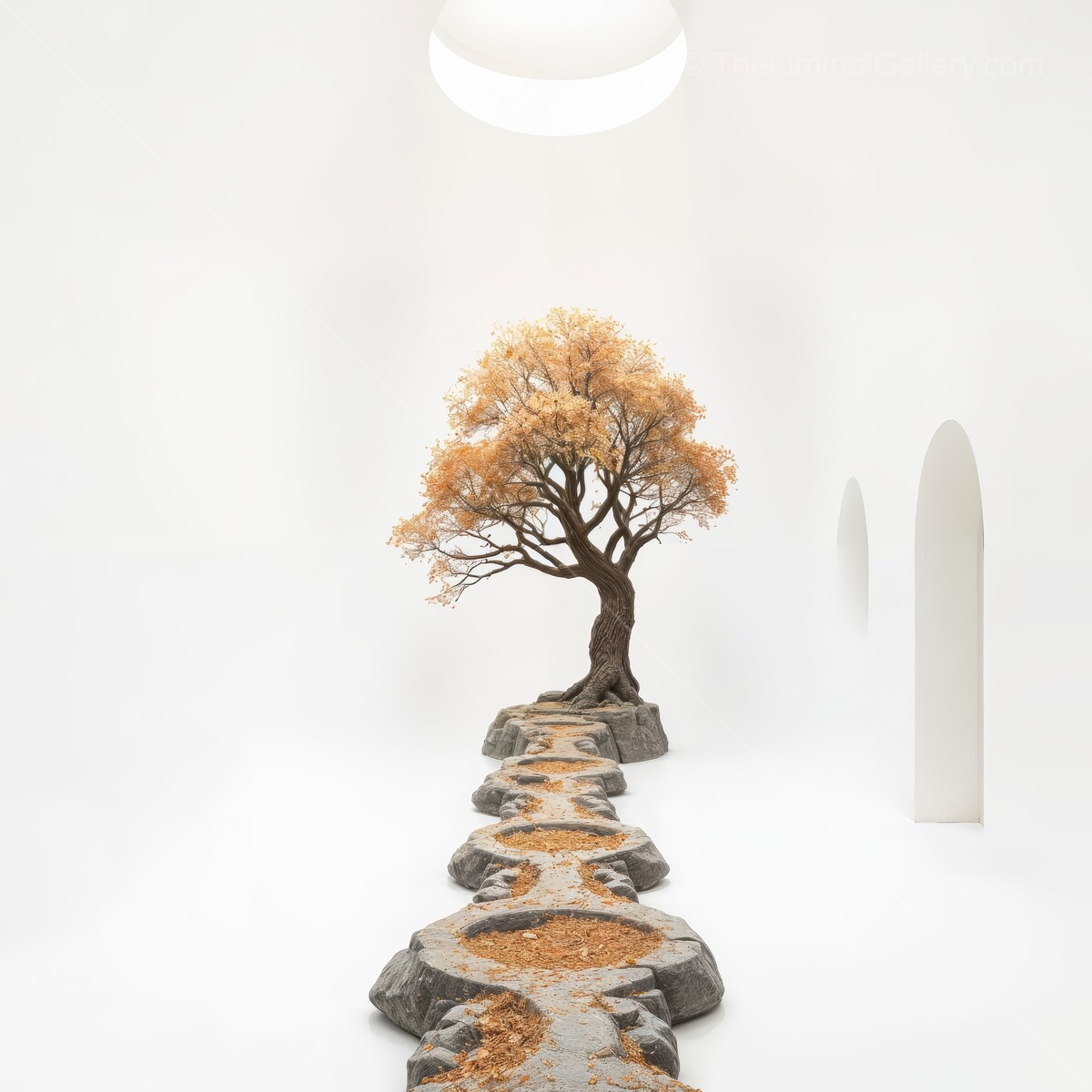 Transformational beauty and serenity of a lone tree in a minimalist white space in the heart of autumn