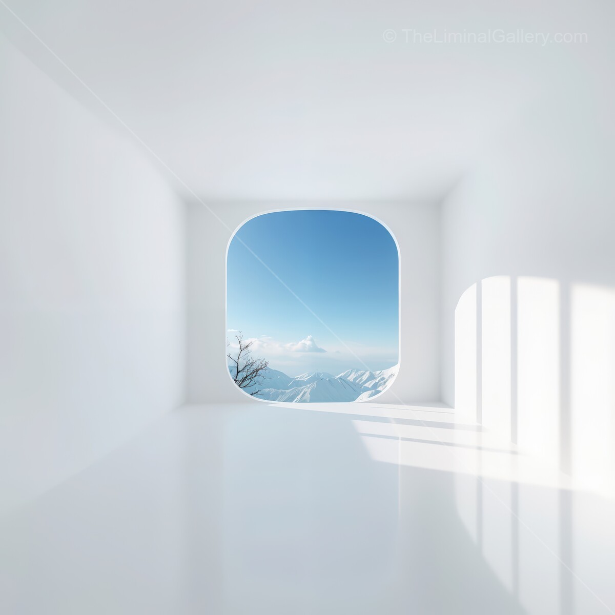Bright liminal open space with a view of snowy mountains under a clear blue sky