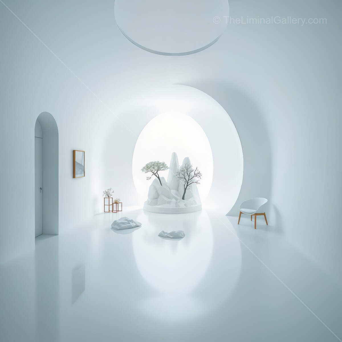 Bright white liminal interior with minimalist design showcasing serene rock garden and tranquil trees