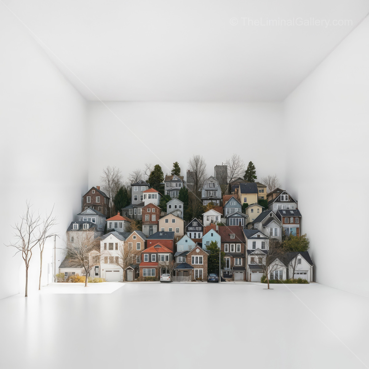 Charming liminal miniature village displayed in a modern minimalist space