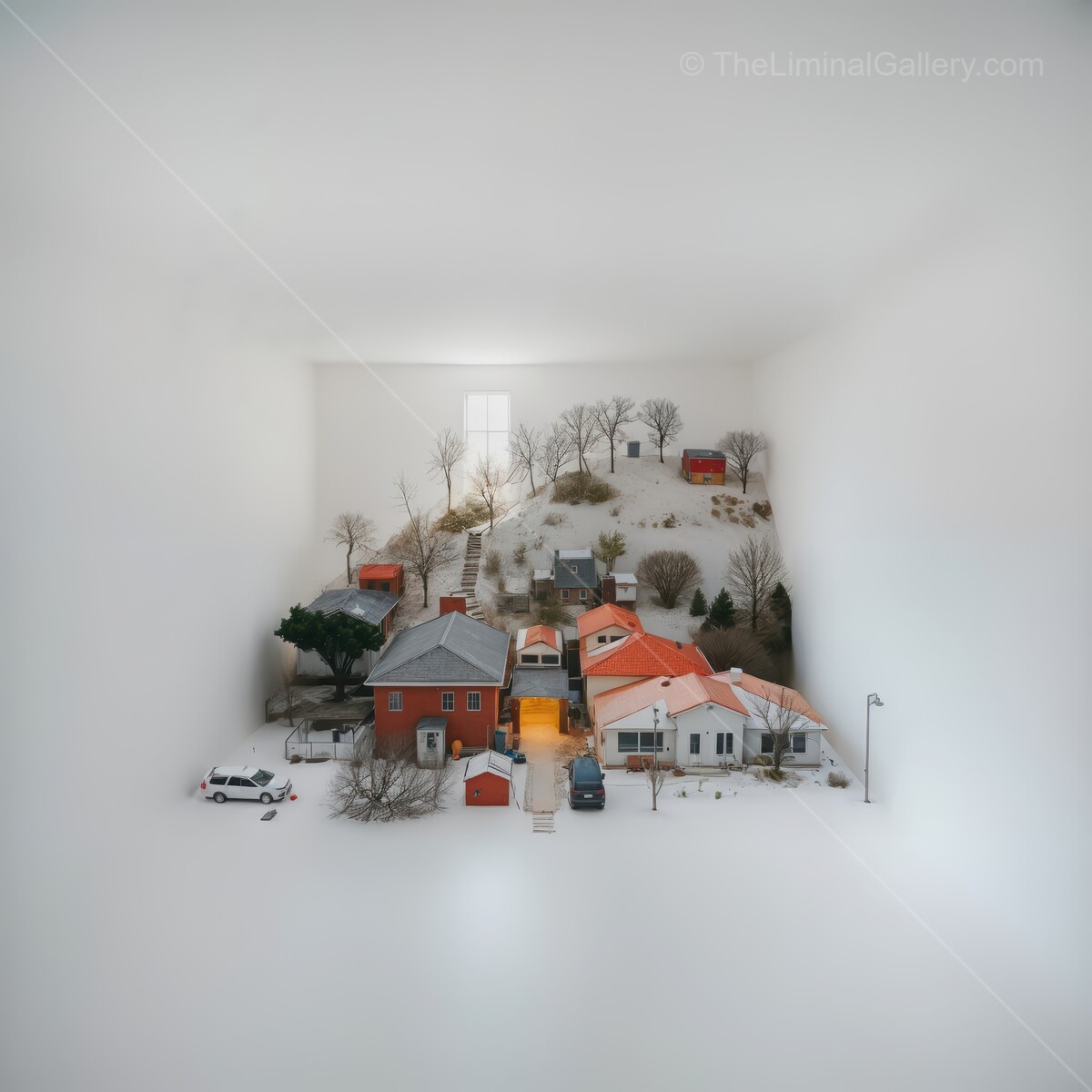 Charming liminal miniature village showcases winter tranquility amidst serene white backdrop