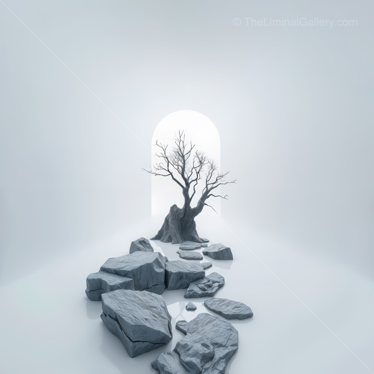 Contemplative liminal journey through an ethereal corridor with a solitary tree and scattered stones