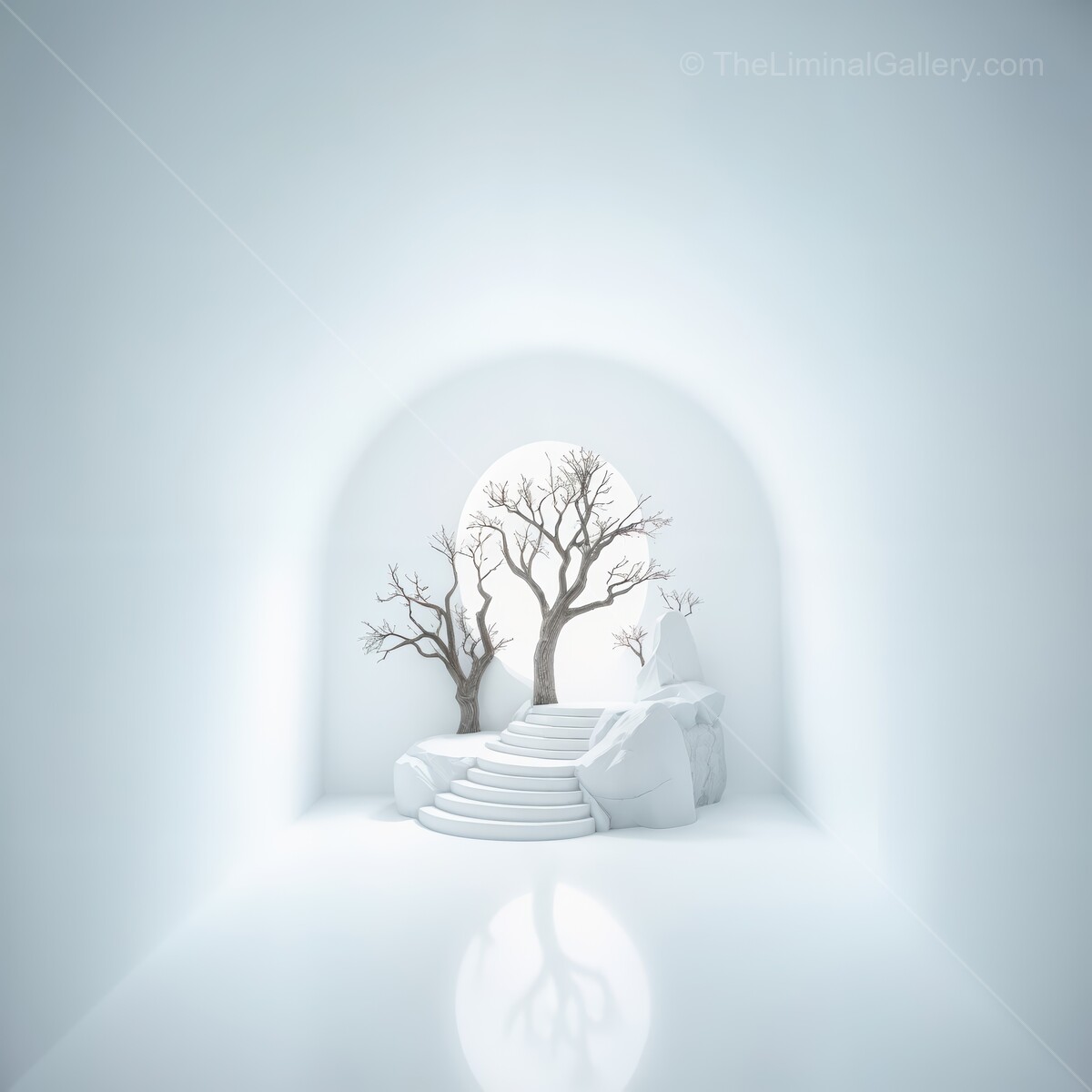 Ethereal liminal sanctuary of silence and reflection under soft luminescence in a minimalist environment