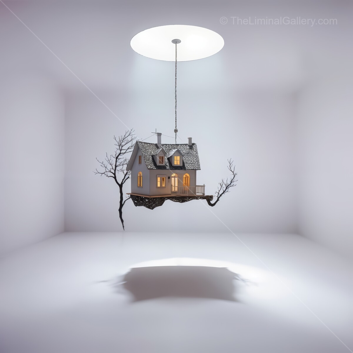 Floating house illuminated by soft light in a minimalistic room creating a dreamlike atmosphere