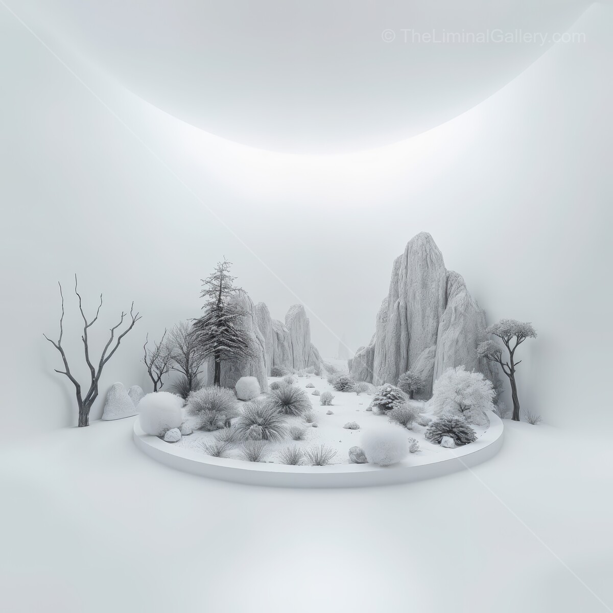 Imaginative winter liminal landscape with ethereal white mountains and delicate foliage in a serene, minimalist setting