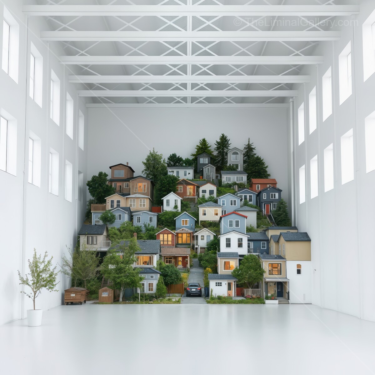 Intricate diorama of a hillside village showcased in a spacious gallery with natural light