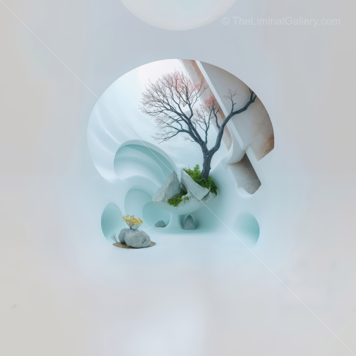 Magical indoor landscape featuring a serene tree and tranquil rocks in a harmonious liminal setting