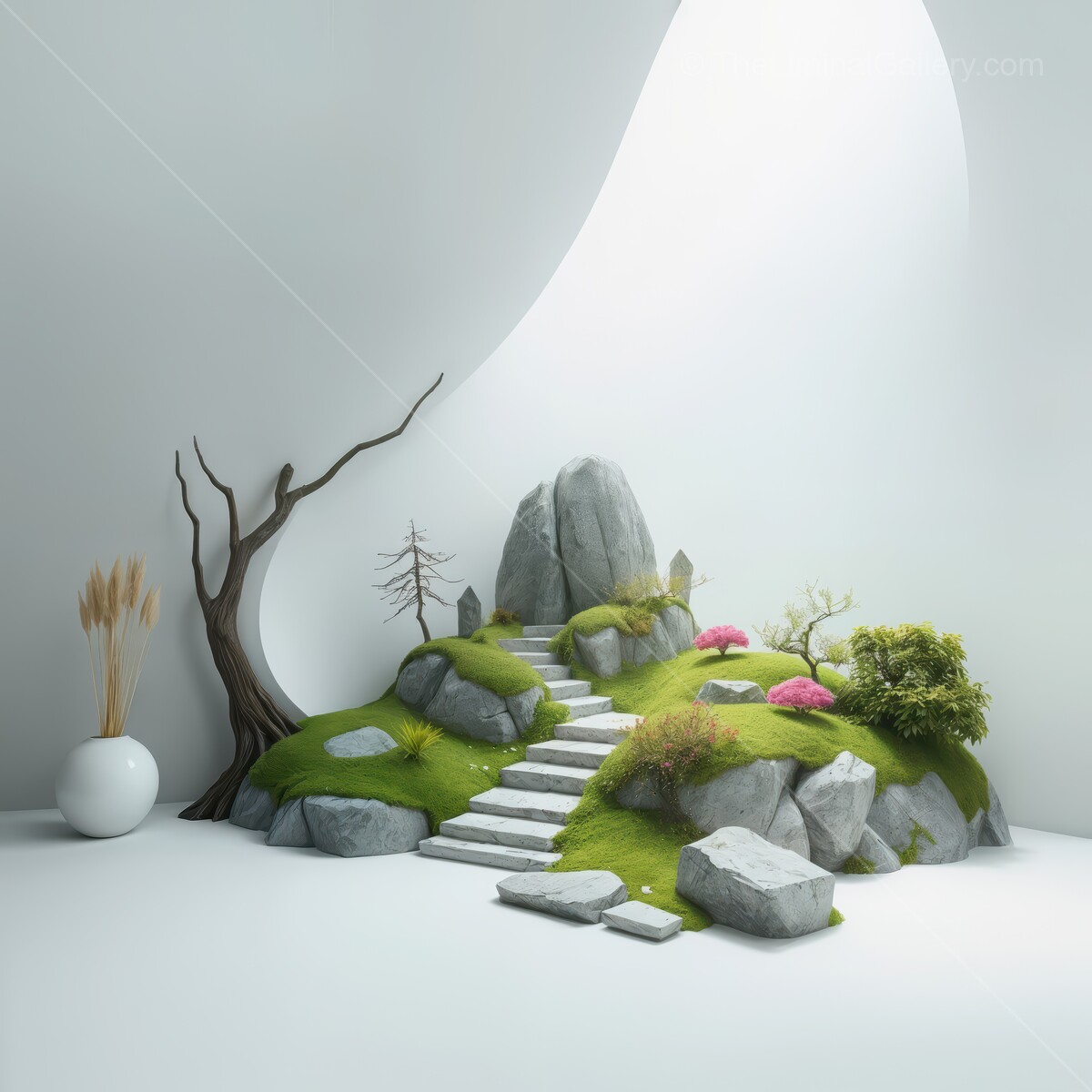 Beautiful miniature garden with rocks, trees, and vibrant greenery in a serene indoor setting