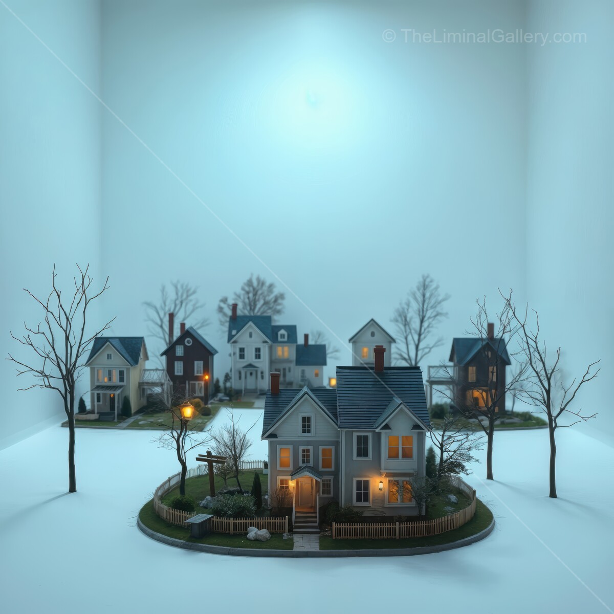 Charming miniature village with glowing houses under soft lighting during twilight hours