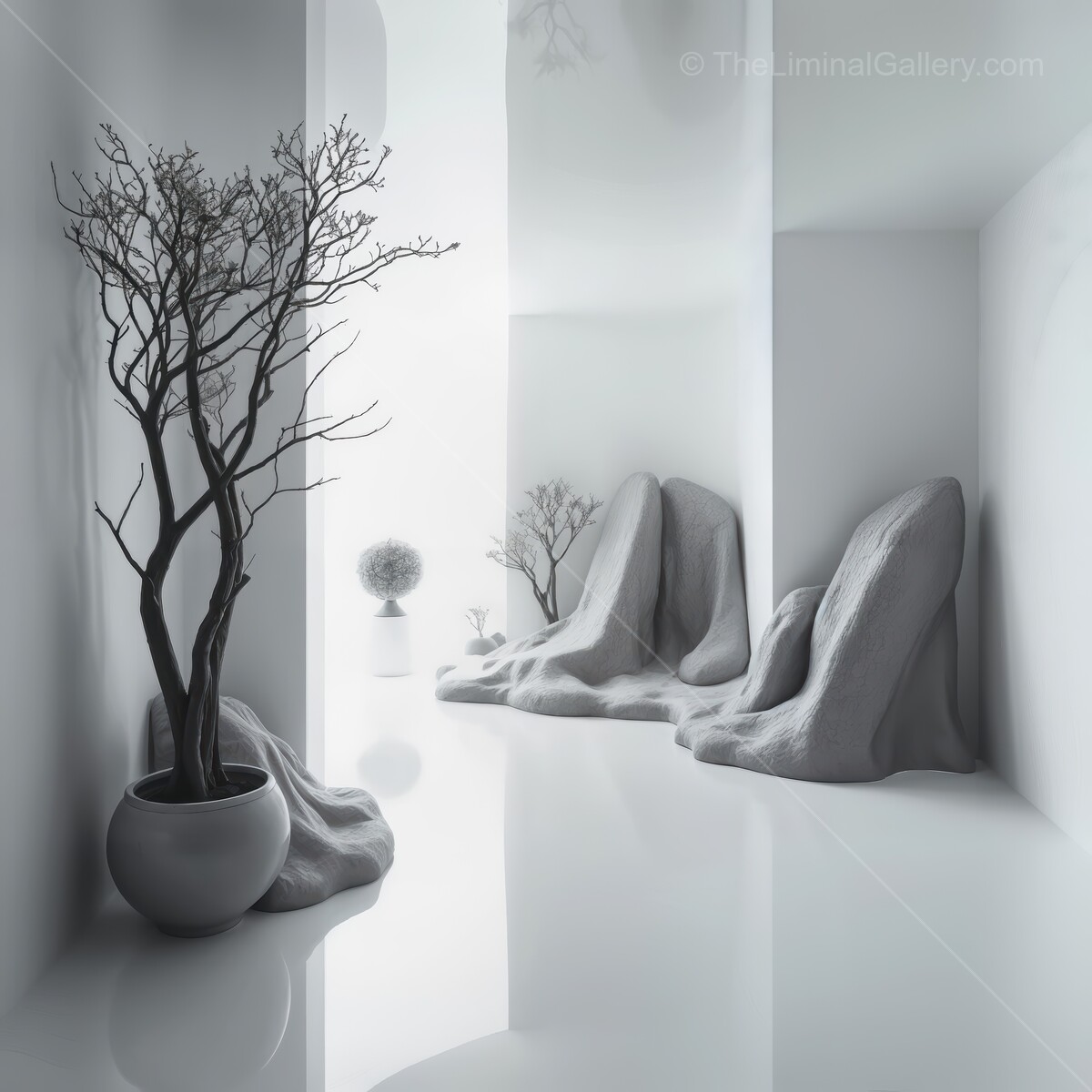 Minimalist liminal interior design showcasing sculptural elements and natural beauty in harmonious balance