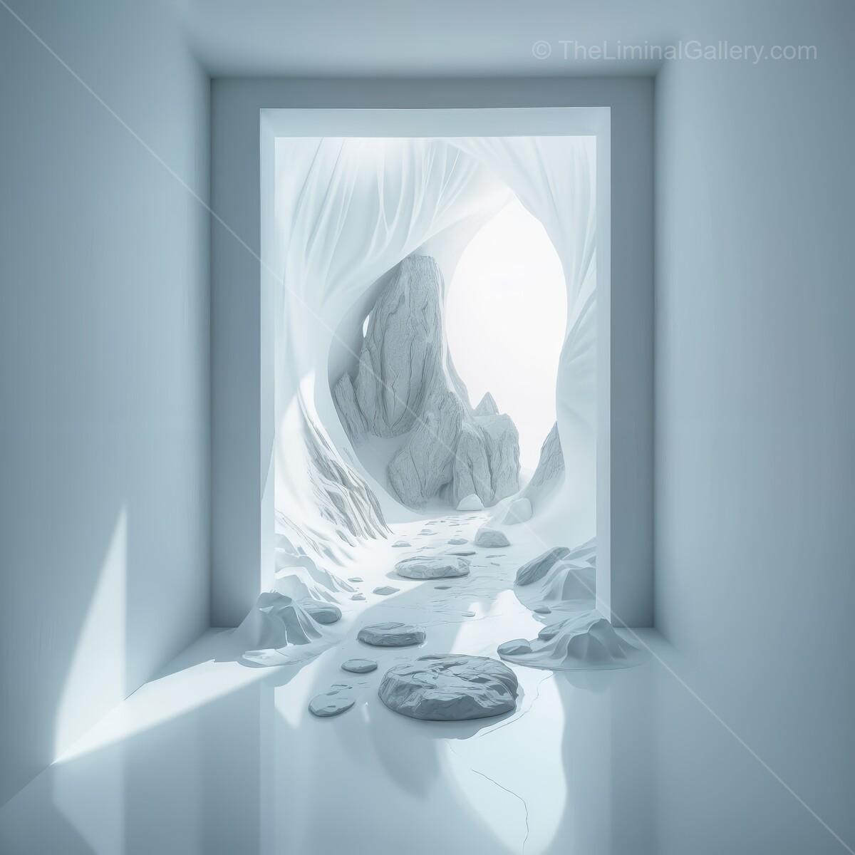 Minimalist liminal landscape featuring ethereal stone formations in a serene, light-filled environment