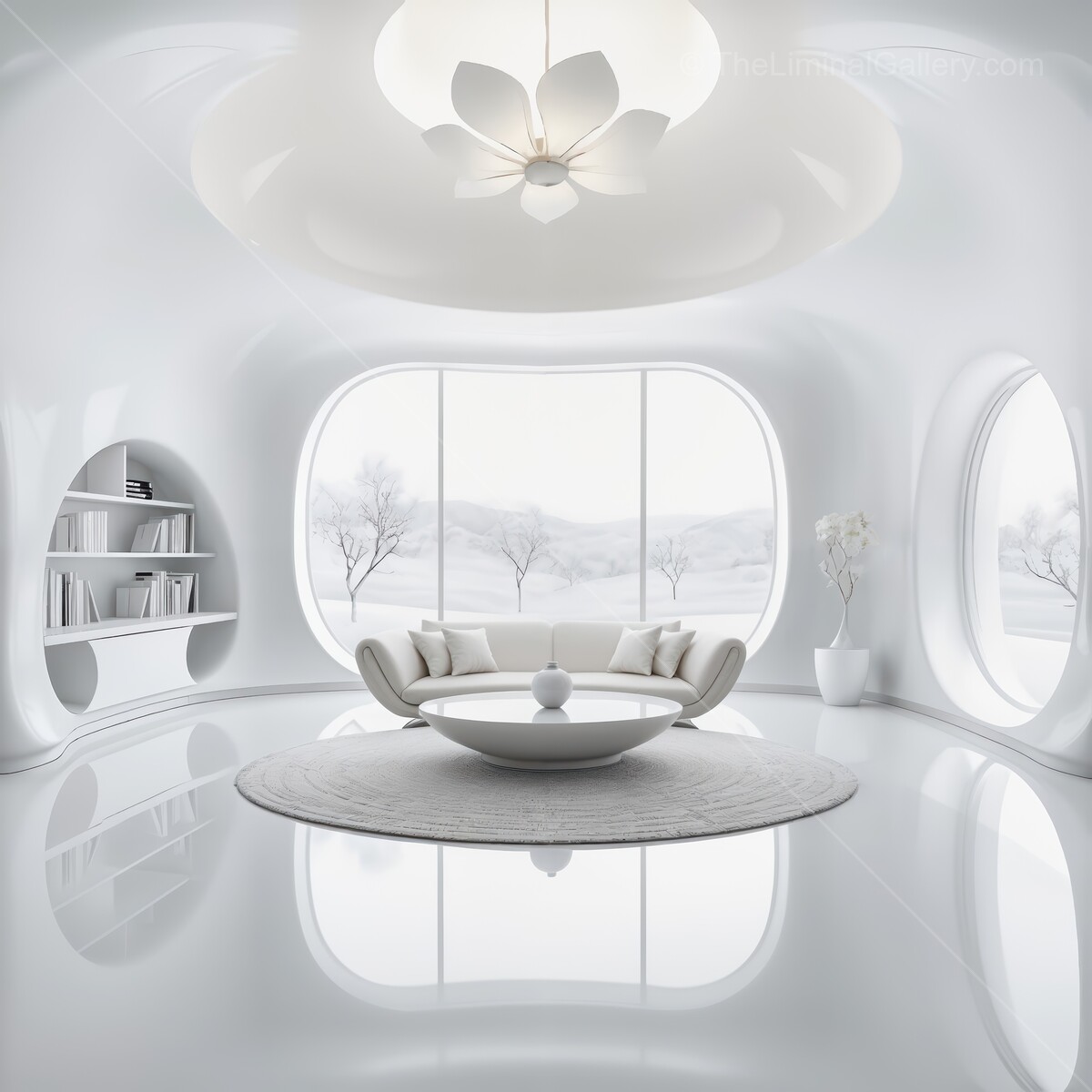 Modern minimalist liminal living room with soft curves and natural light in a serene winter setting