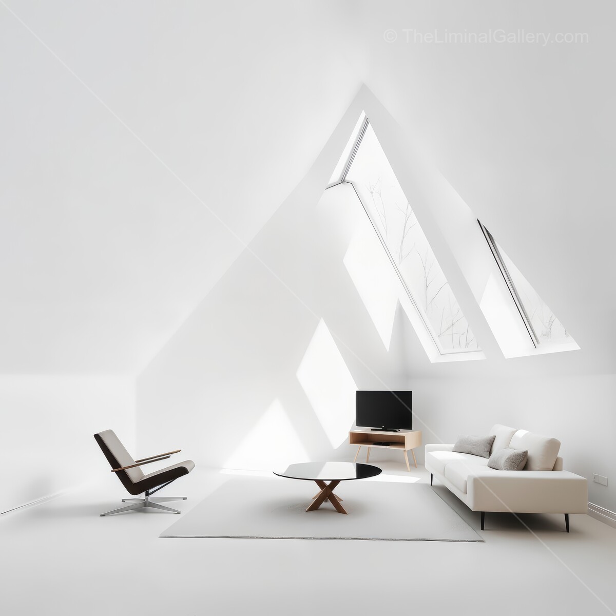 Modern minimalist liminal living room with unique architectural design and natural light