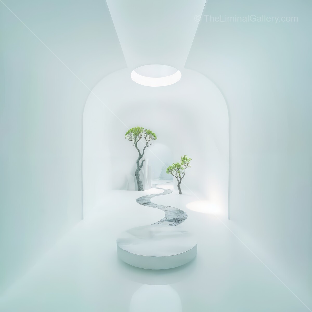 Minimalist sanctuary featuring flowing water and serene greenery in tranquil architecture