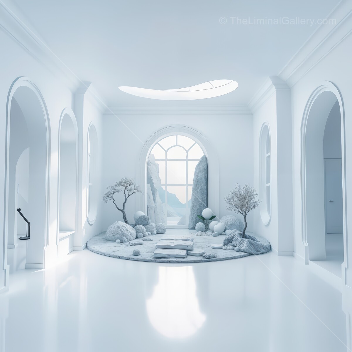 Modern liminal minimalism meets serene landscape in a tranquil indoor garden space