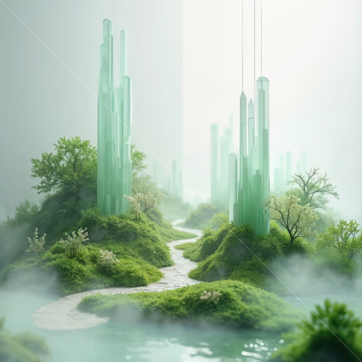 Mysterious green landscape with towering crystalline structures and serene pathway amidst fog