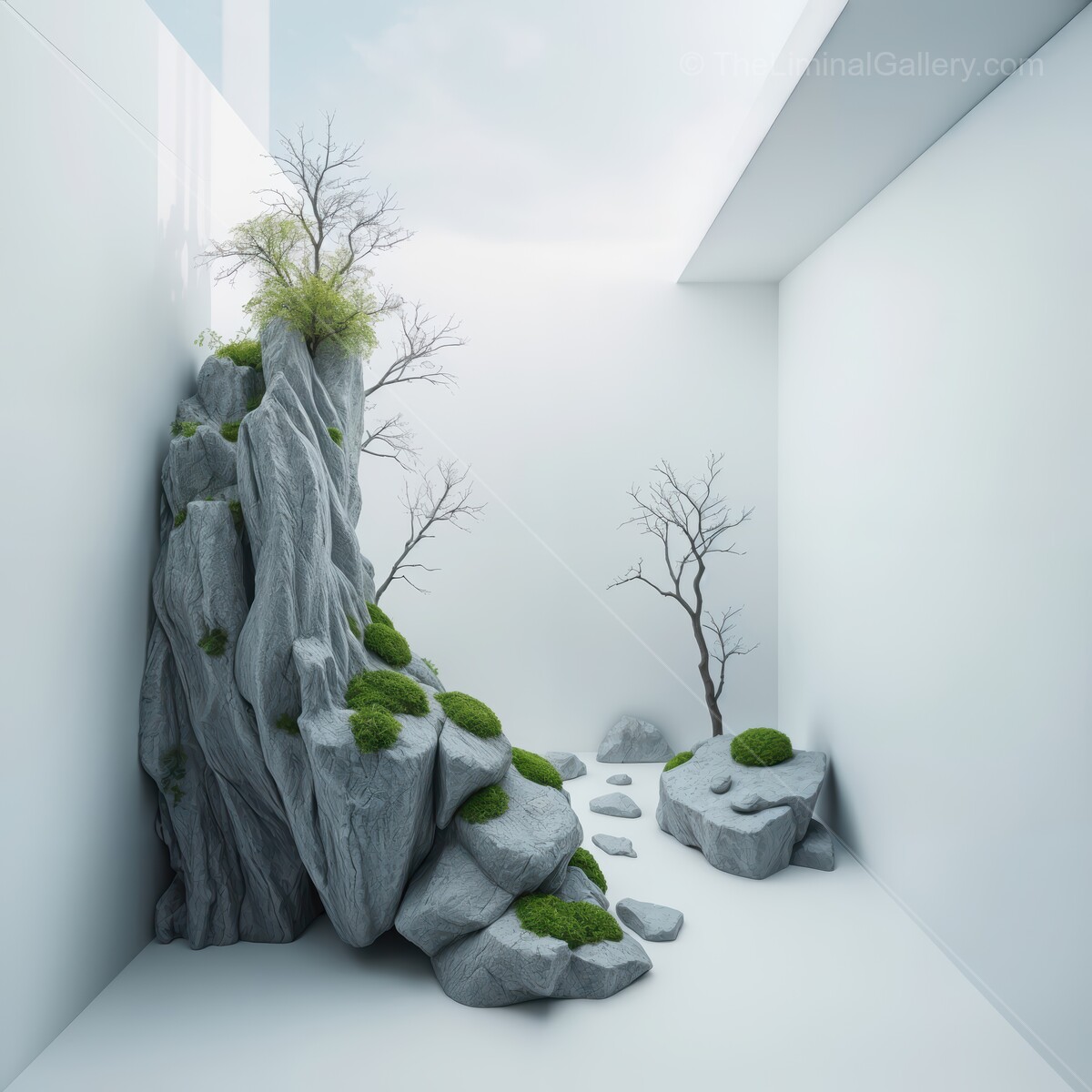 Natural tranquility blends with modern minimalism in a serene indoor landscape oasis