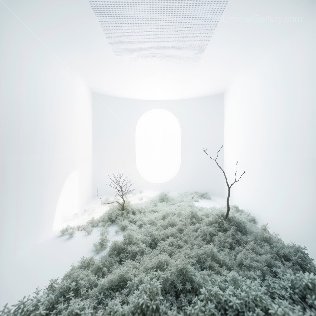 Liminal nature intertwines with modern architecture in a serene white space during midday