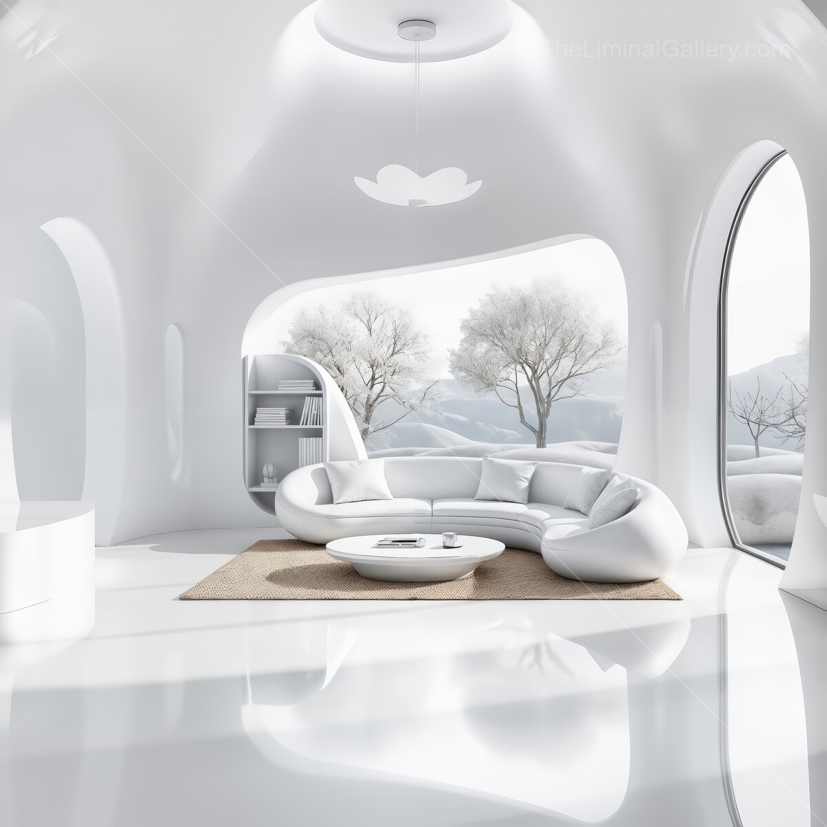 Modern liminal minimalist living room design with white furnishings and winter landscape