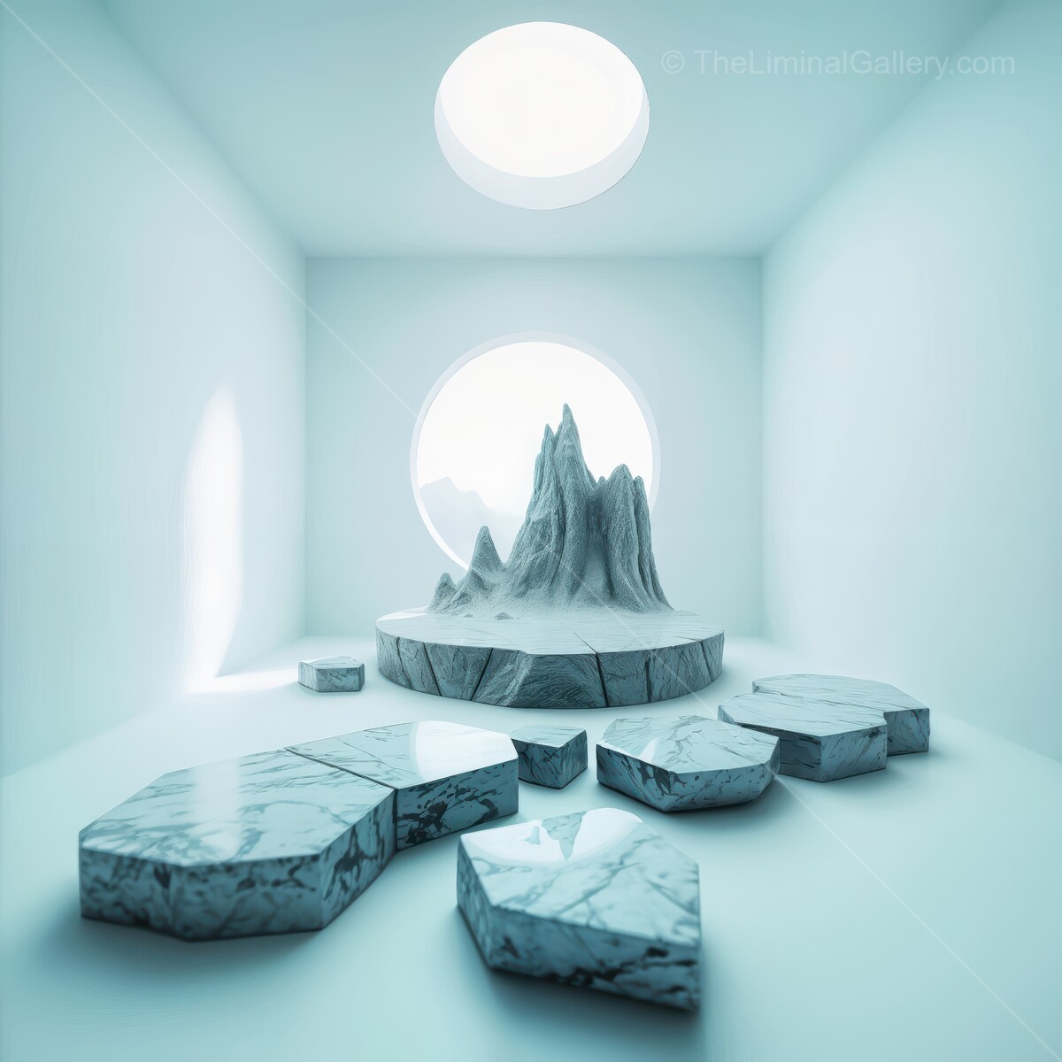 Serene minimalist liminal interior featuring an abstract mountain landscape and ethereal lighting effects