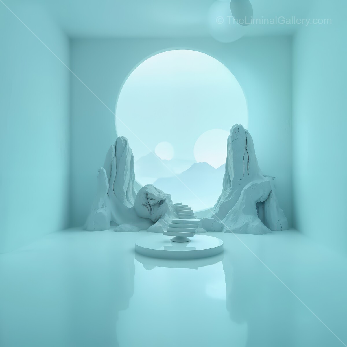 Serene liminal interior space with ethereal rocks and glowing circular light at dawn