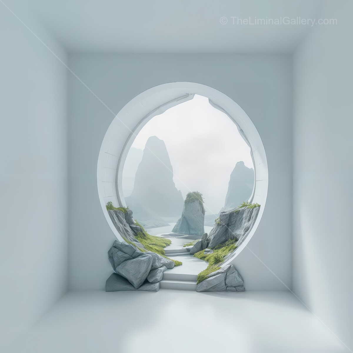 Serene liminal landscape framed by a minimalist architecture in a tranquil white room with natural elements