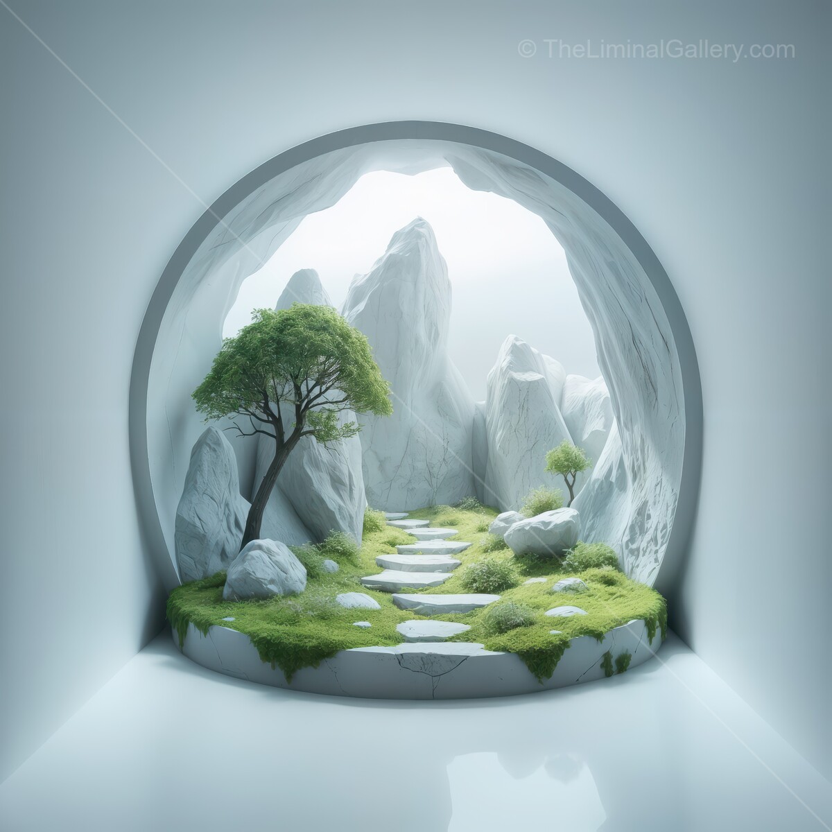 Serene landscape of a tranquil liminal cave surrounded by mountains and lush greenery at dawn