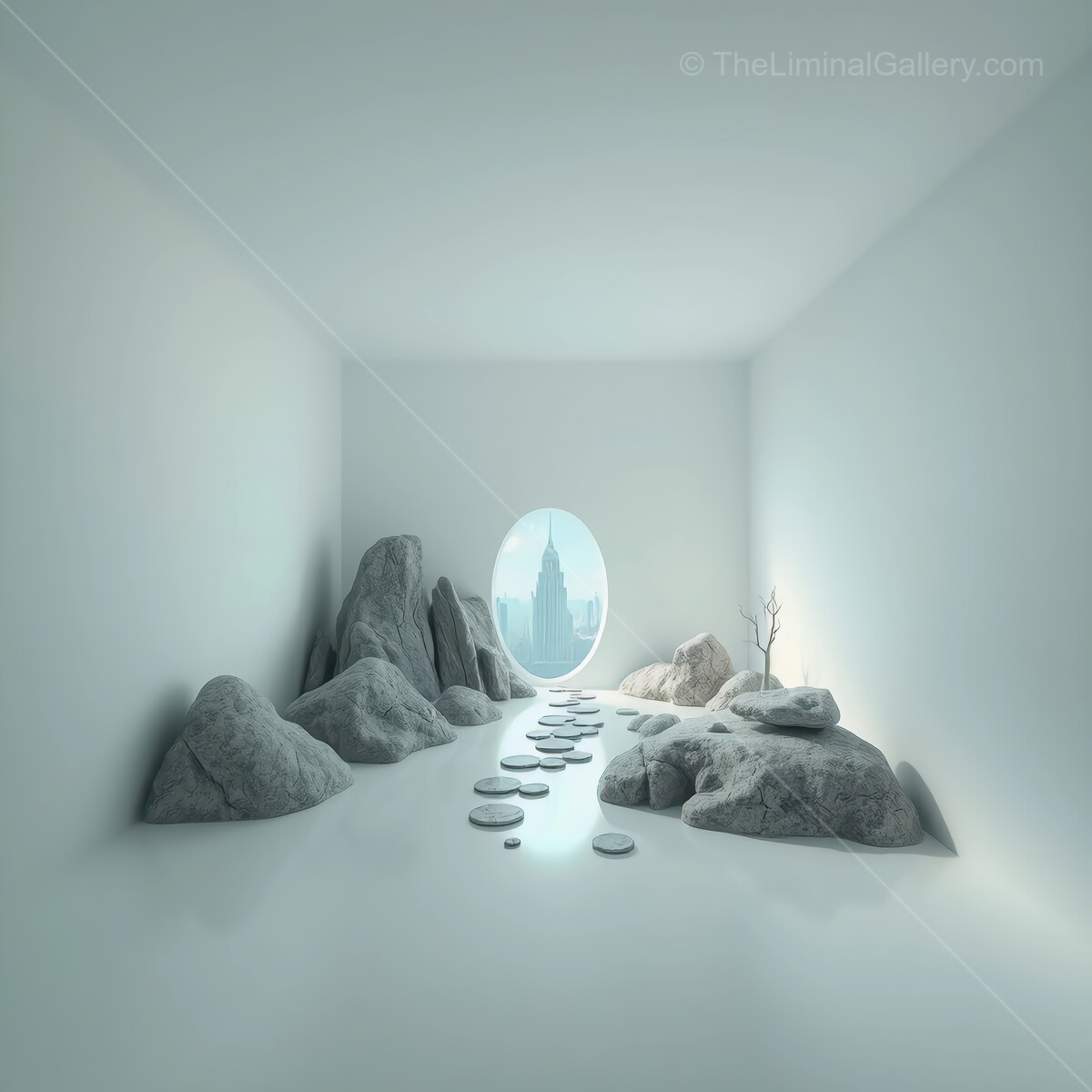 Serene minimalist liminal space with natural elements and city view under soft daylight