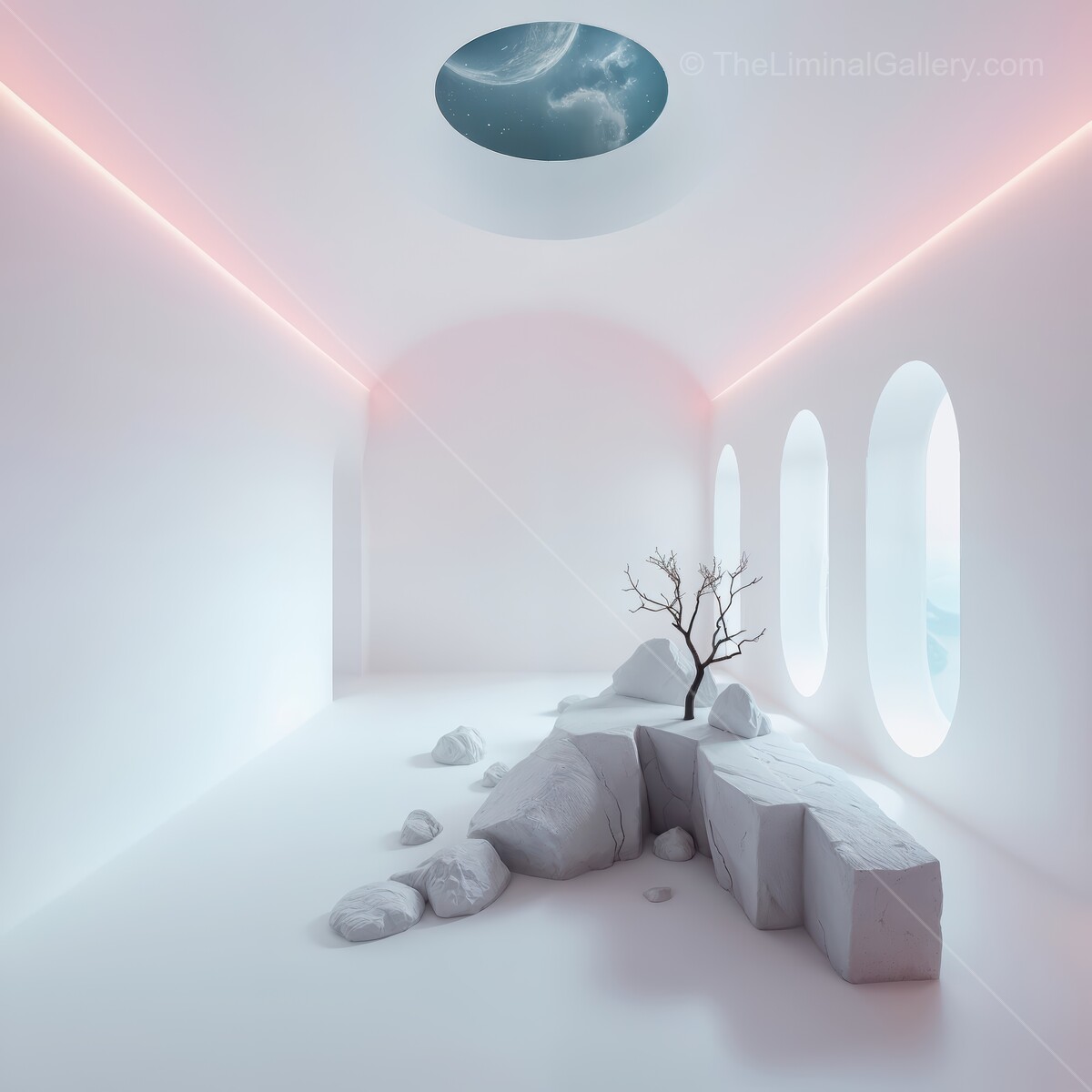Serene white liminal interior with surreal elements and a hint of nature in a dreamlike space