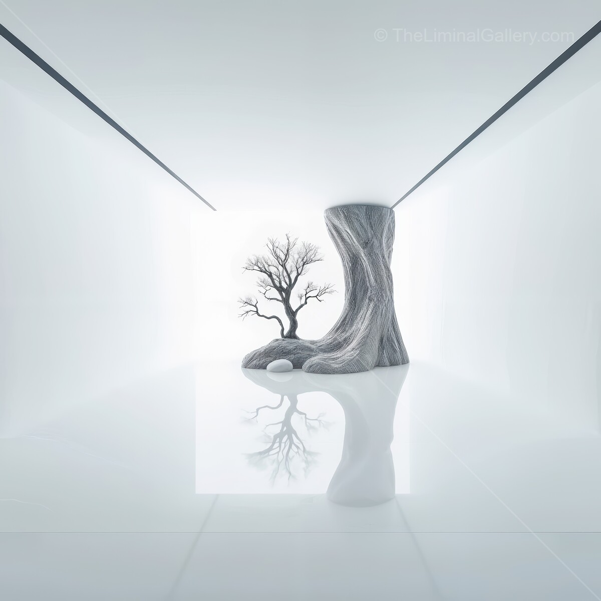 Surreal white space featuring a unique tree and flowing abstract forms creating a dreamlike atmosphere