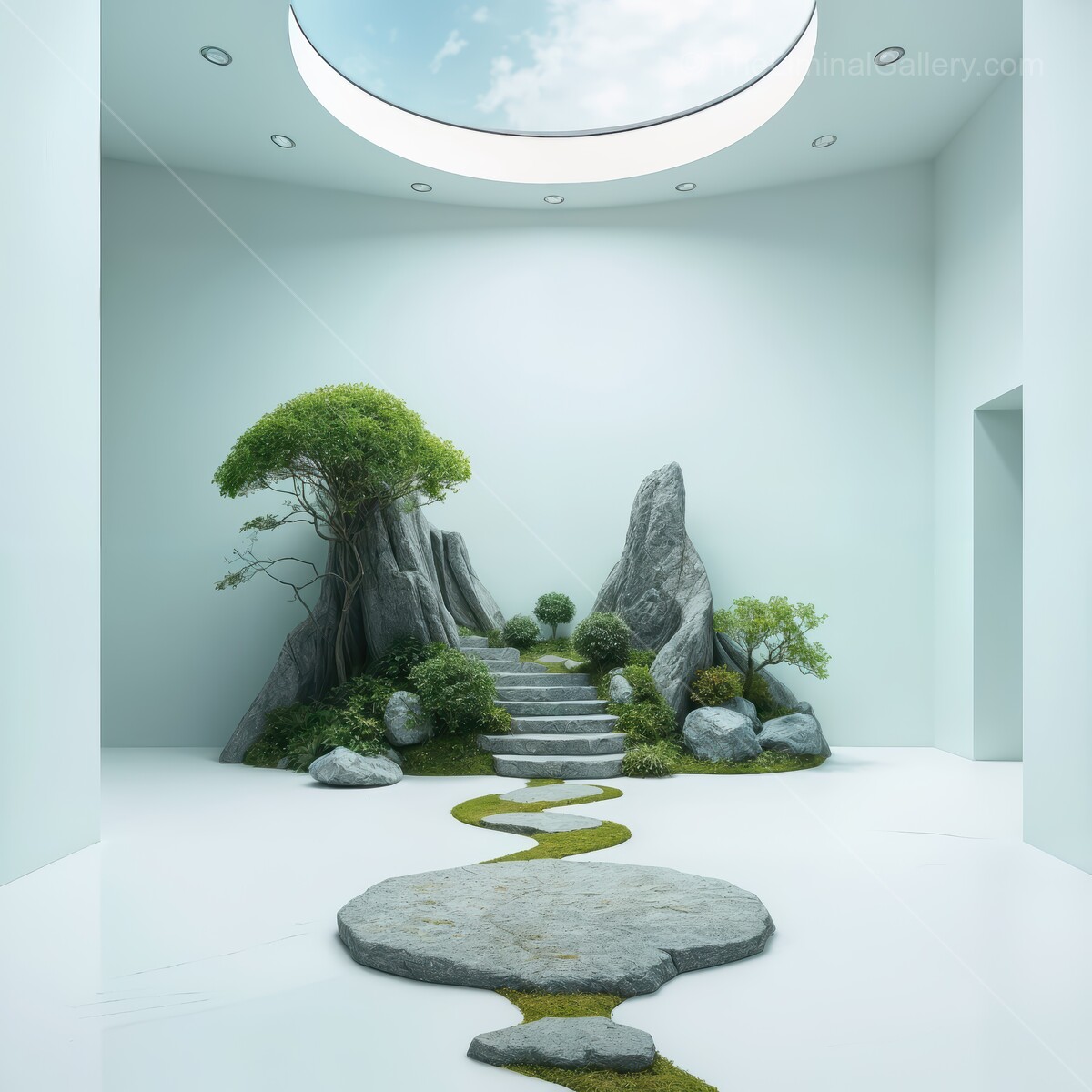 Tranquil indoor garden with serene stone pathway and lush greenery in a minimalist setting