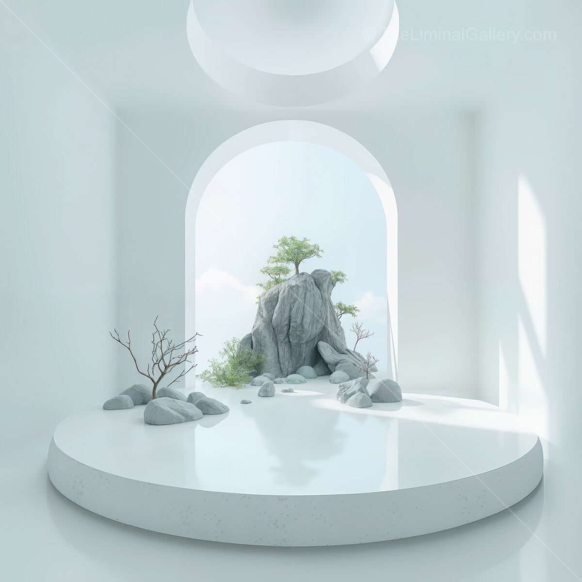 Tranquil minimalist liminal sanctuary featuring nature and serene rock formations with gentle sunlight filtering through