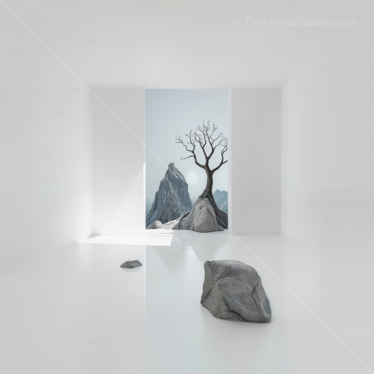 A tranquil liminal space blends minimalism and natural beauty with a solitary tree and striking mountains