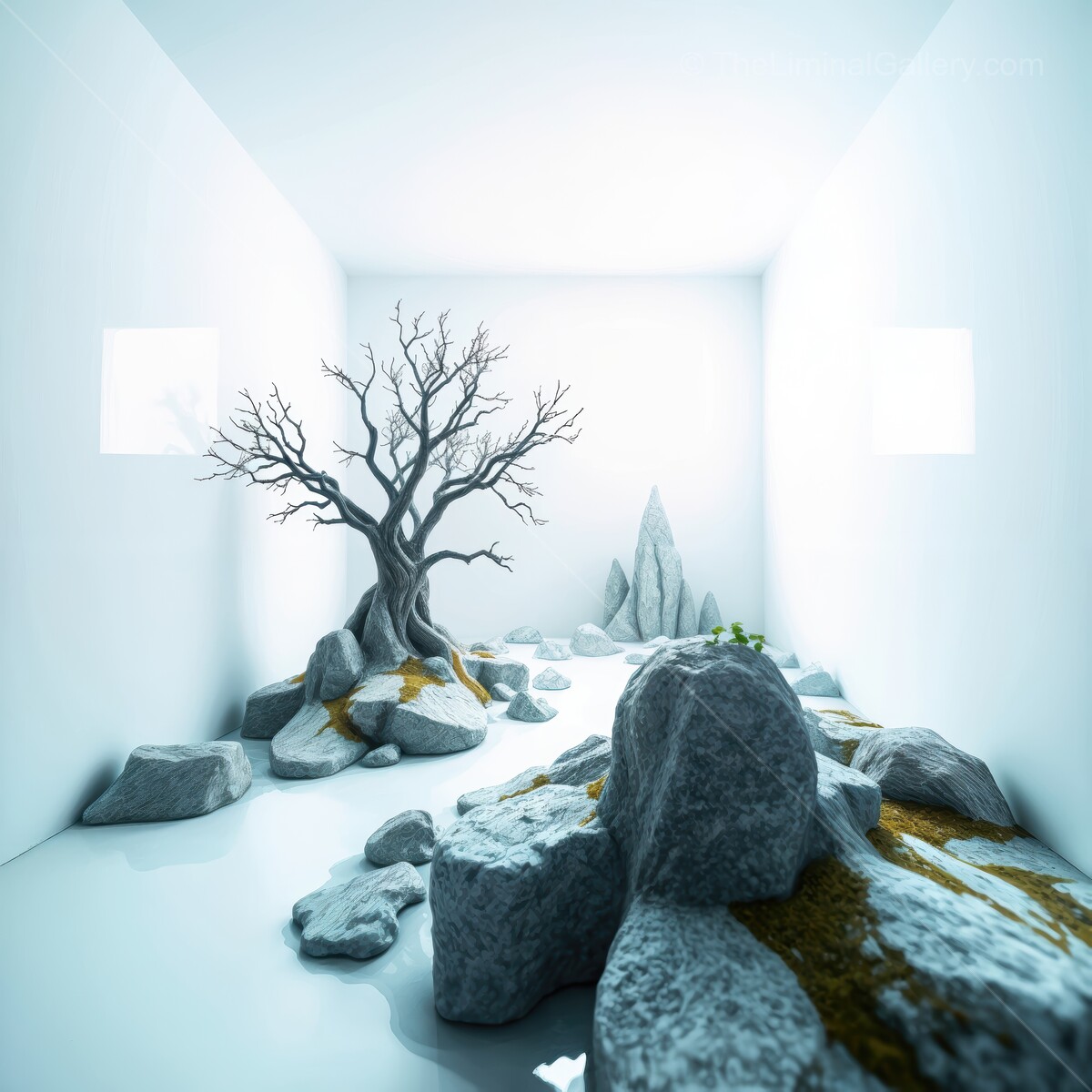 Visions of tranquility emerge in a minimalistic landscape with a bare tree and smooth rocks