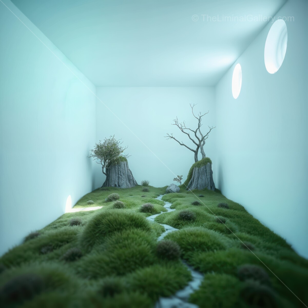 Whimsical indoor landscape featuring a lush green terrain and mystical trees in a minimalist white room