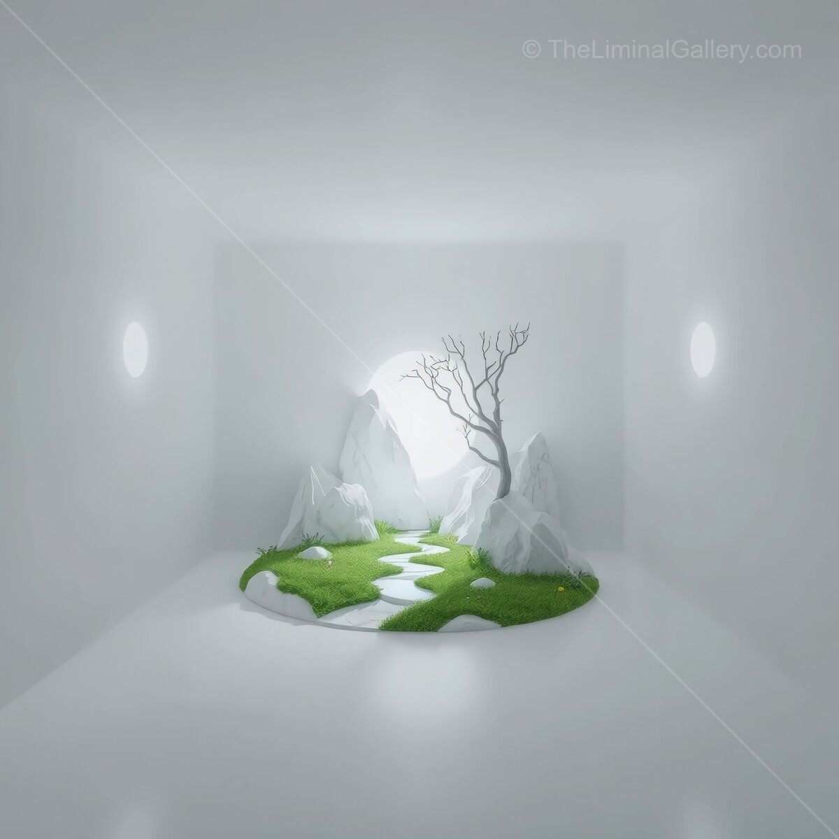 Whimsical liminal white room with a serene landscape featuring rocks and a solitary tree at twilight