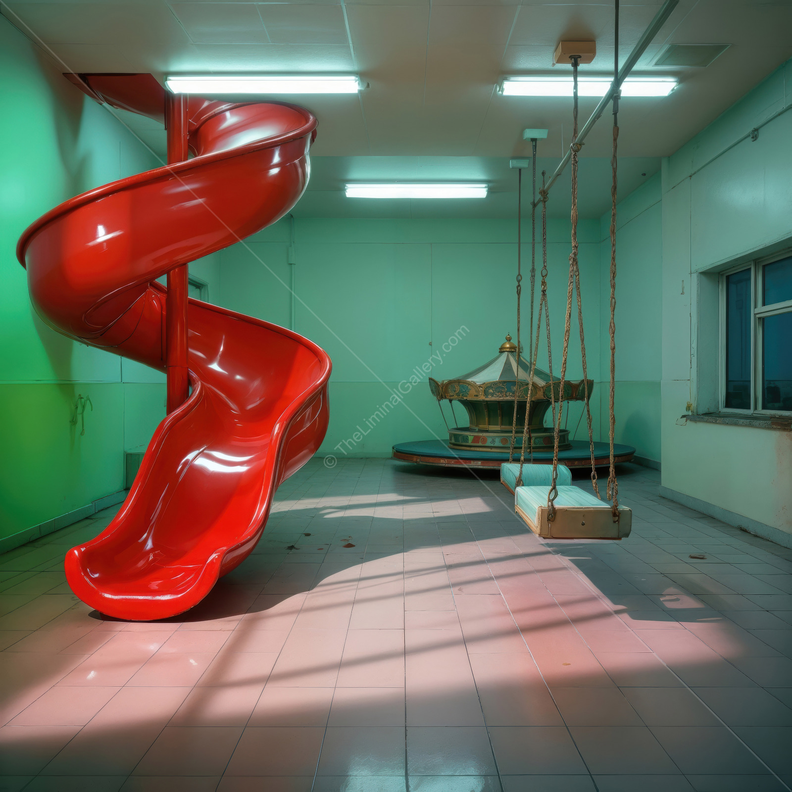 Whimsical red slide and vintage swing rest in an abandoned hall, nostalgic relics of childhood standing silent beneath dusty rafters of a forgotten playground