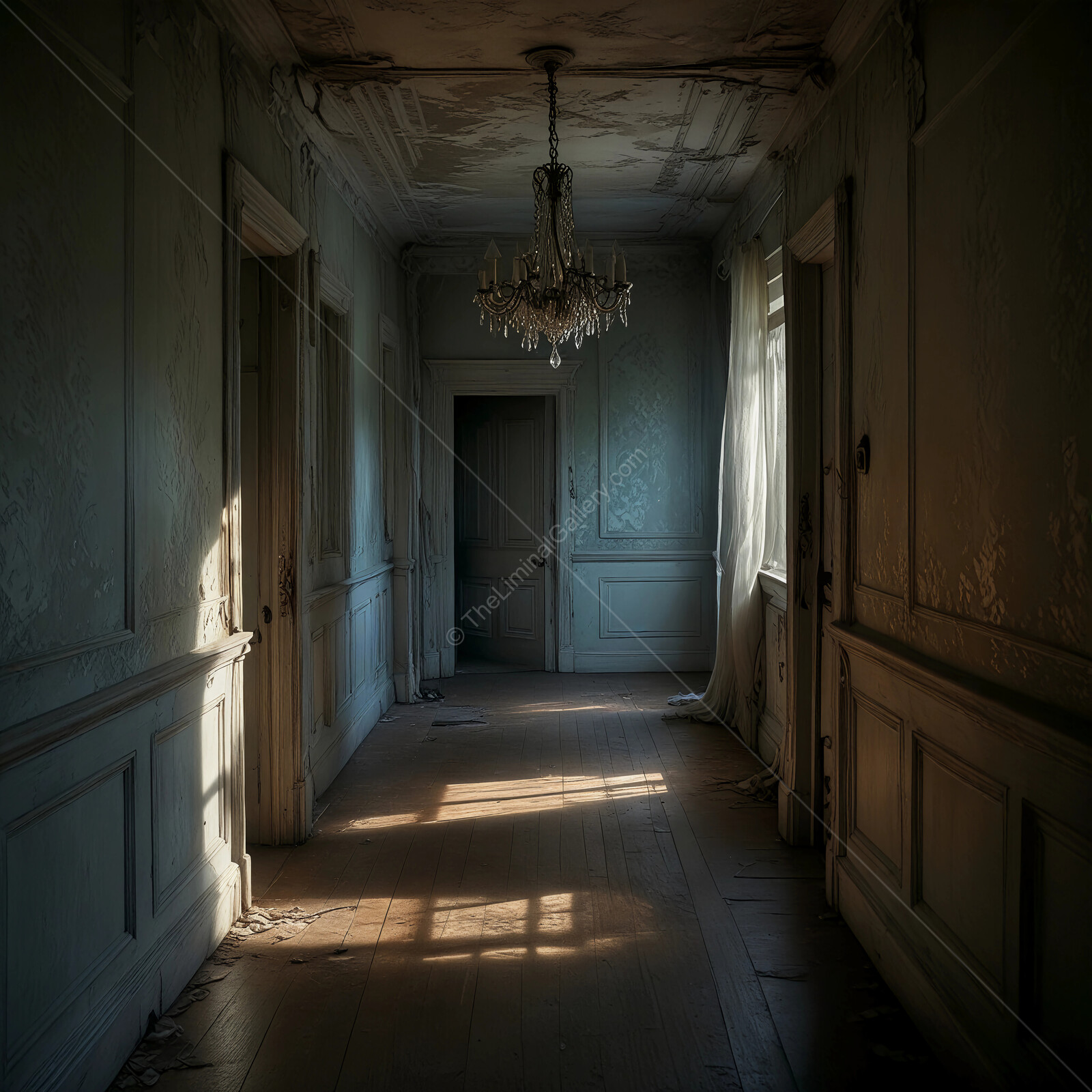 Liminal abandoned hallway bathed in soft sunlight speaks of time and forgotten stories