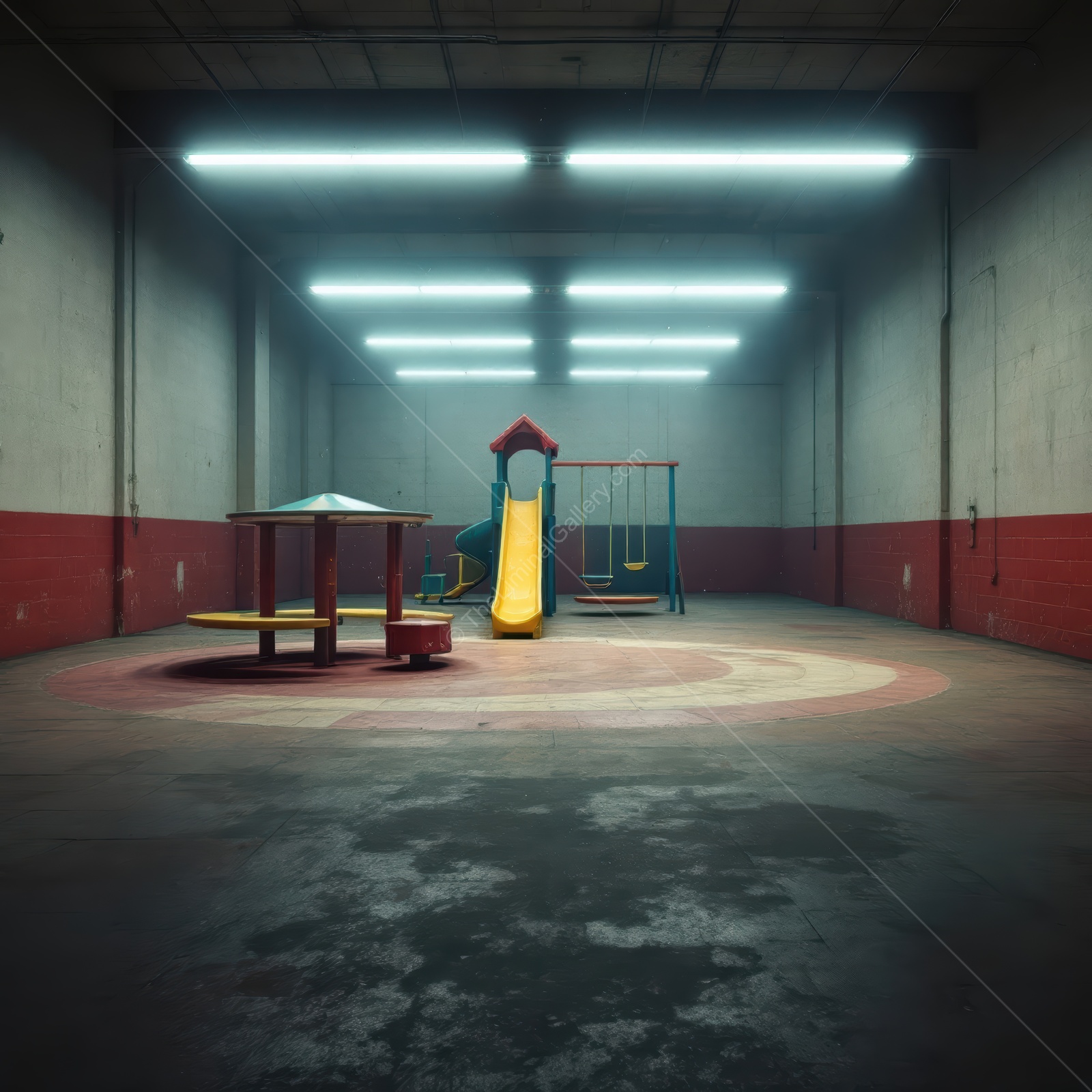 Harsh lights glaze a liminal, forgotten indoor playground, empty swings and slides casting long shadows that echo vanished laughter with eerie nostalgia