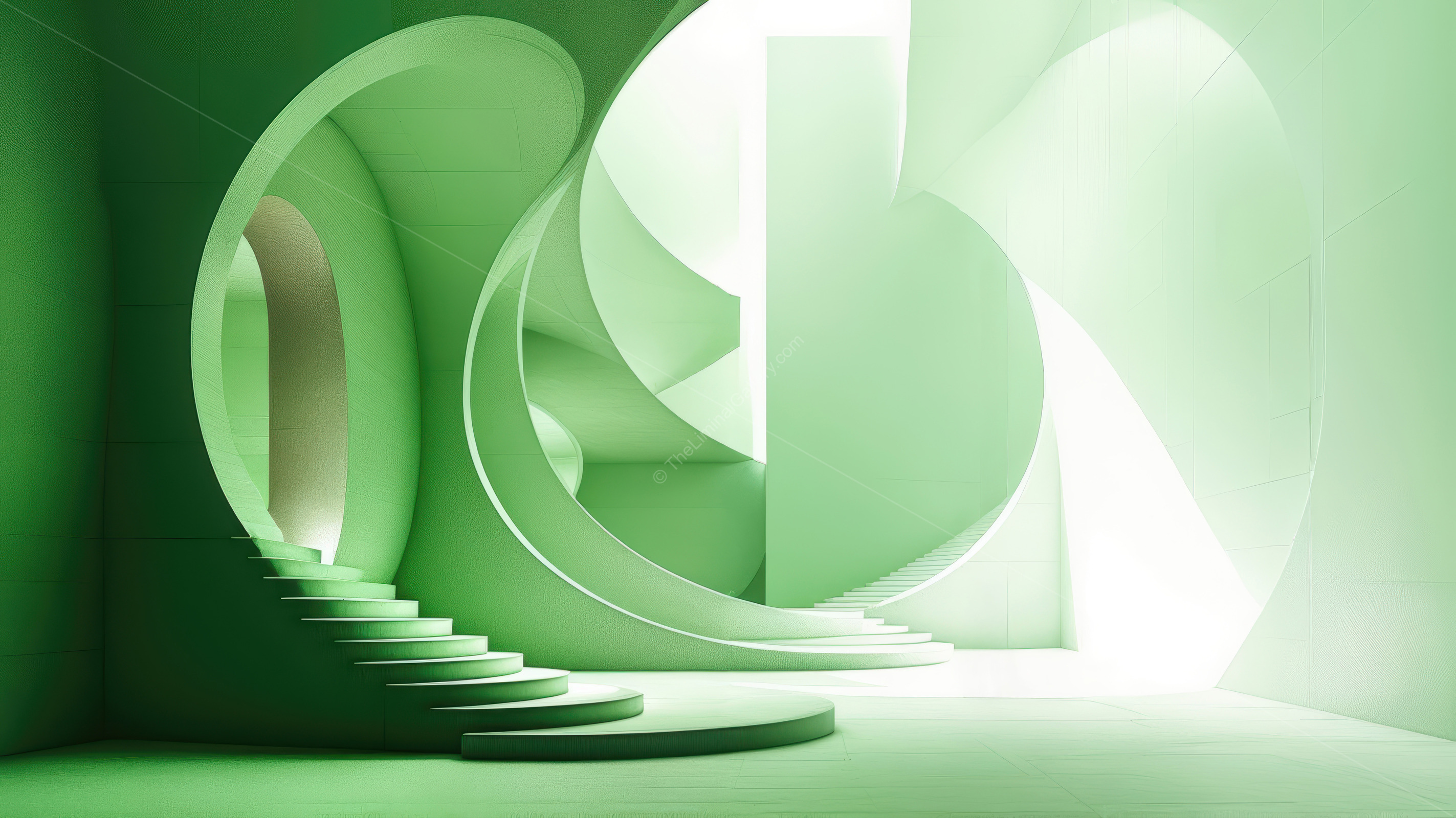 Within a liminal abstract green atrium, flowing forms and winding stairs glow in soft midday light, creating peaceful vibes that encourage wandering and thought