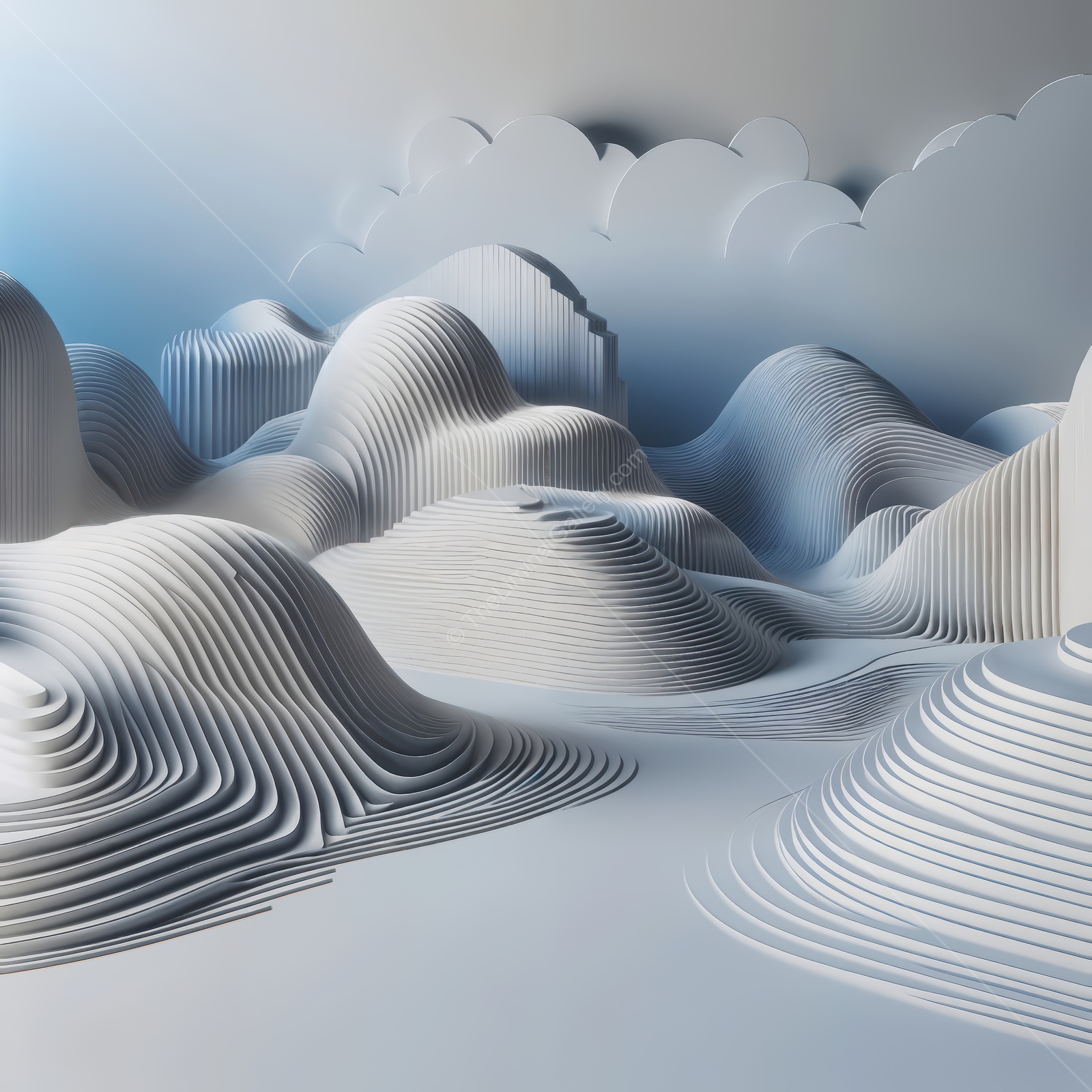 Abstract landscape of flowing lines creates a serene, dreamlike atmosphere in soft hues