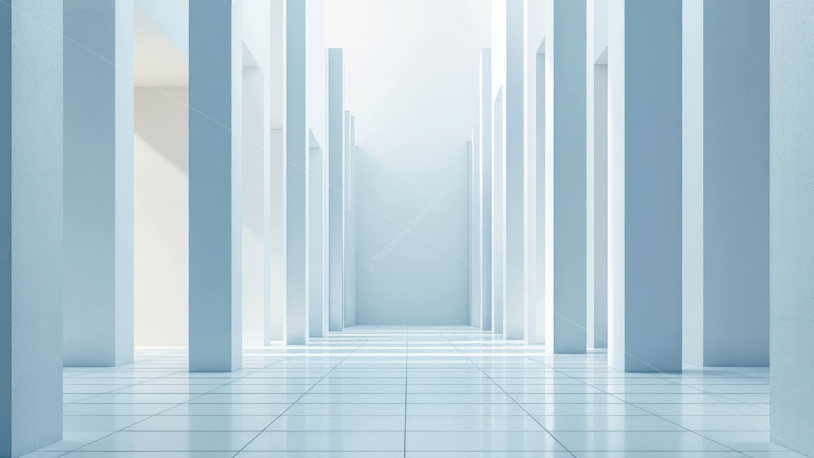 Bright and airy minimalist corridor with striking white pillars and soft lighting creating a serene atmosphere for reflection and creativity