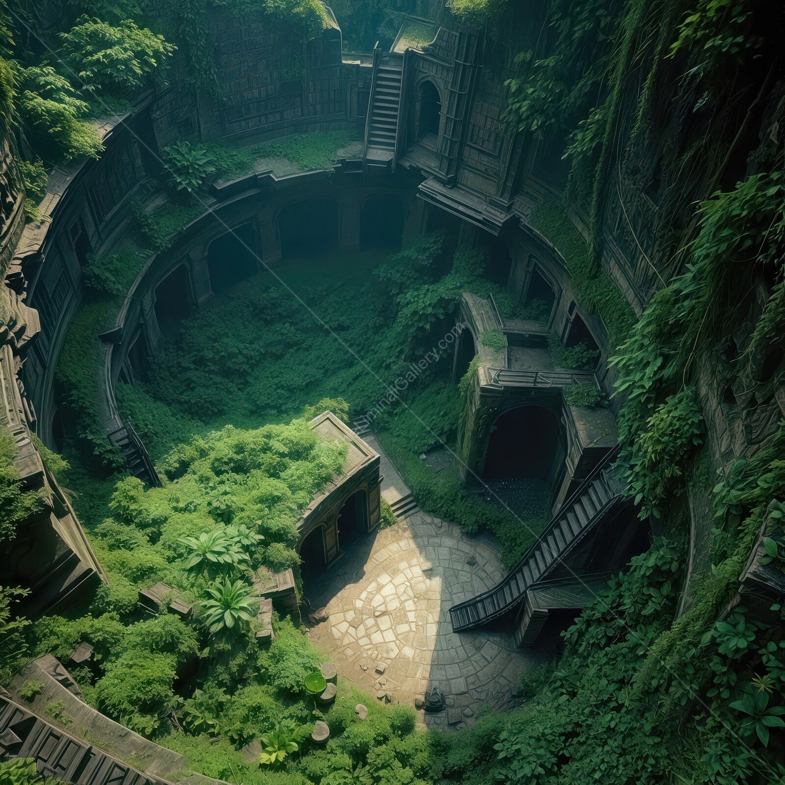 Ruins of an ancient civilization enveloped in lush greenery under a bright blue sky