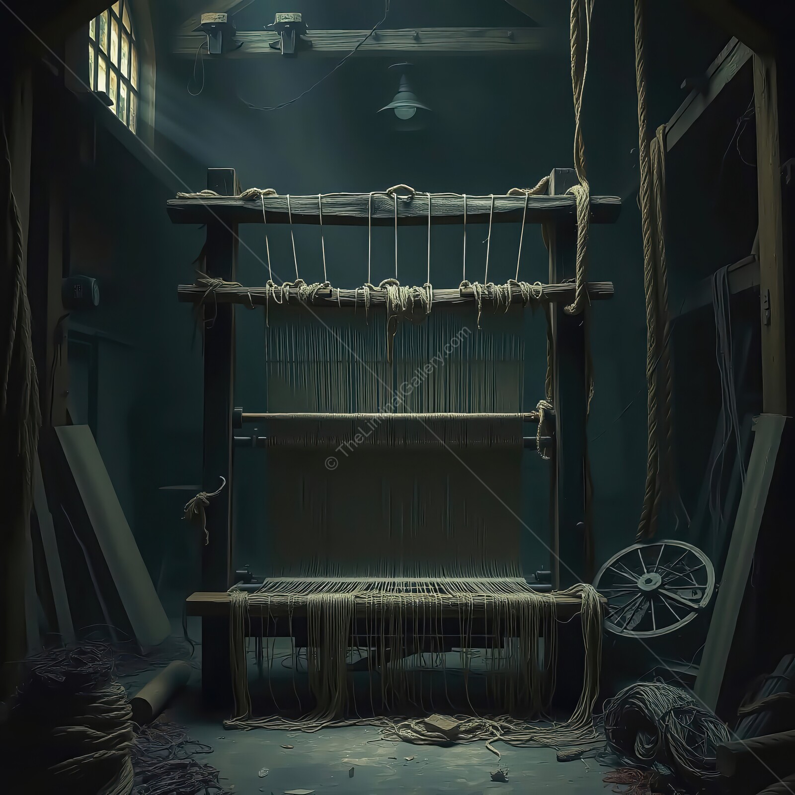 Ancient loom sits in a dimly lit workshop, inviting creativity and craftsmanship in the heart of a bygone era